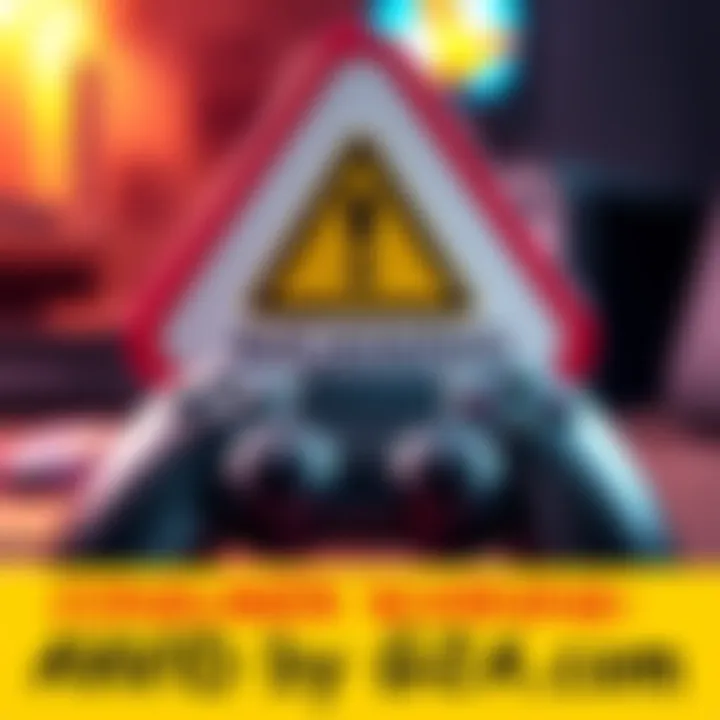 Graphic showing a warning sign with a gaming controller, highlighting concerns about G2A.com, featuring reports of poor service and unreliable sellers.