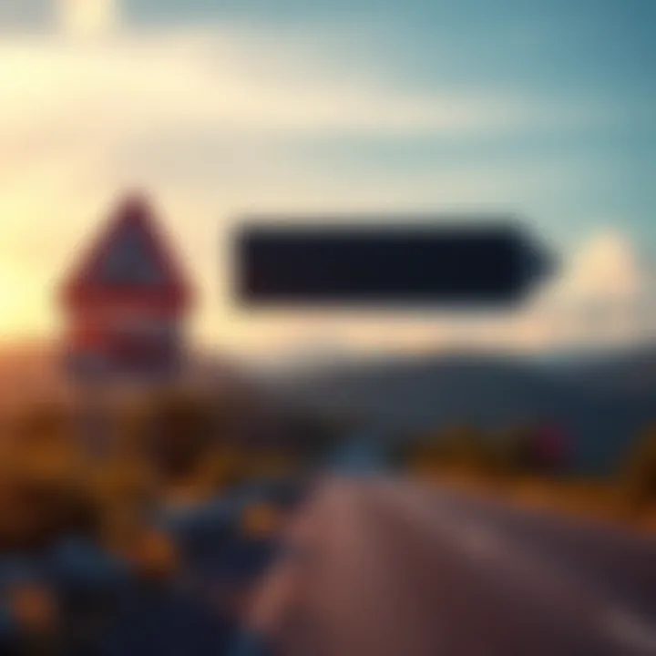 A road sign indicating the dangers of ignoring problems, with symbols of growth and decline, set against a backdrop of an appealing landscape.