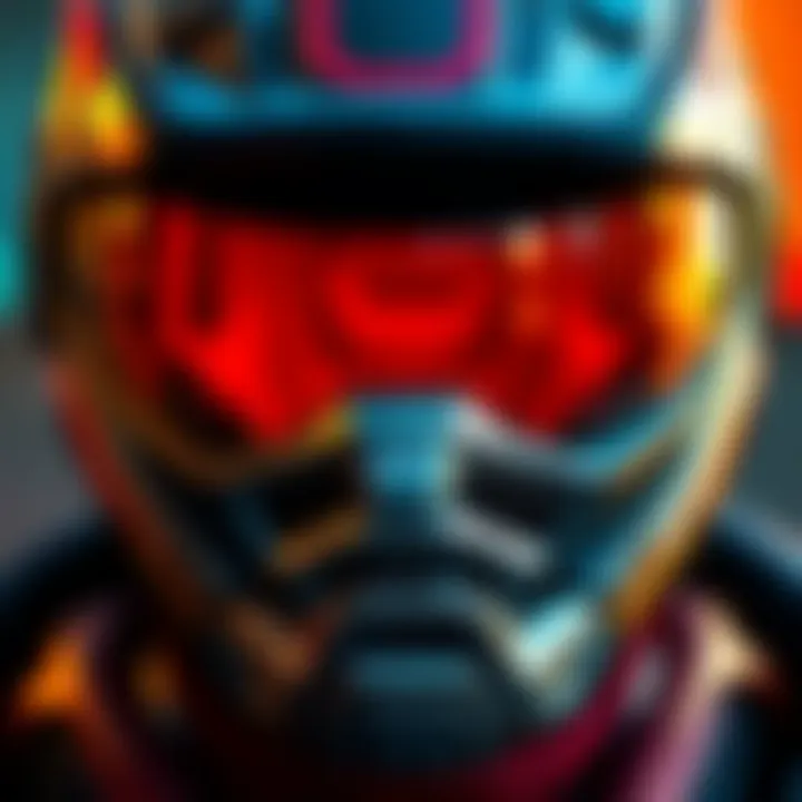 Close-up view of Elite Daigo's helmet showing the lopsided chin design.