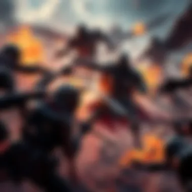 Warrior in a chaotic battle A fierce warrior fights against enemies in a chaotic scene filled with destruction and turmoil, showcasing the power and excitement of fantasy gameplay.