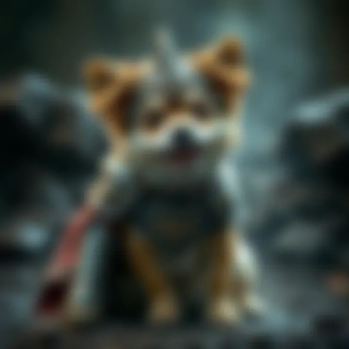 A once fearsome warrior in armor now sits happily as a cute small dog, showcasing a joyful expression.