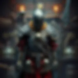 A character stands in front of a blacksmith, showcasing different armor sets and weapons like the insect glaive and hammer.