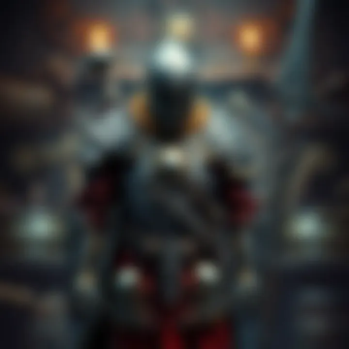 A character stands in front of a blacksmith, showcasing different armor sets and weapons like the insect glaive and hammer.