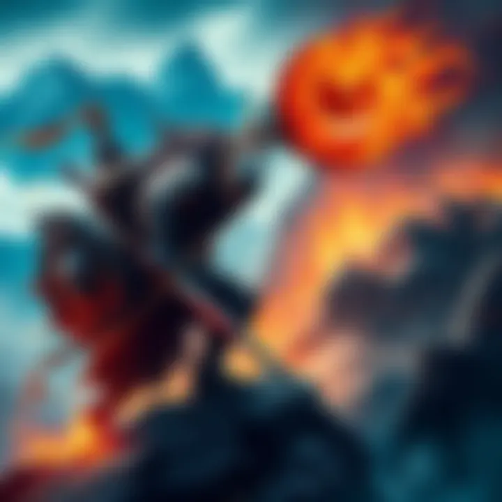 Warrior facing Ixion in battle A fierce warrior battling the boss Ixion on a mountain, employing various weapons and tactics for victory
