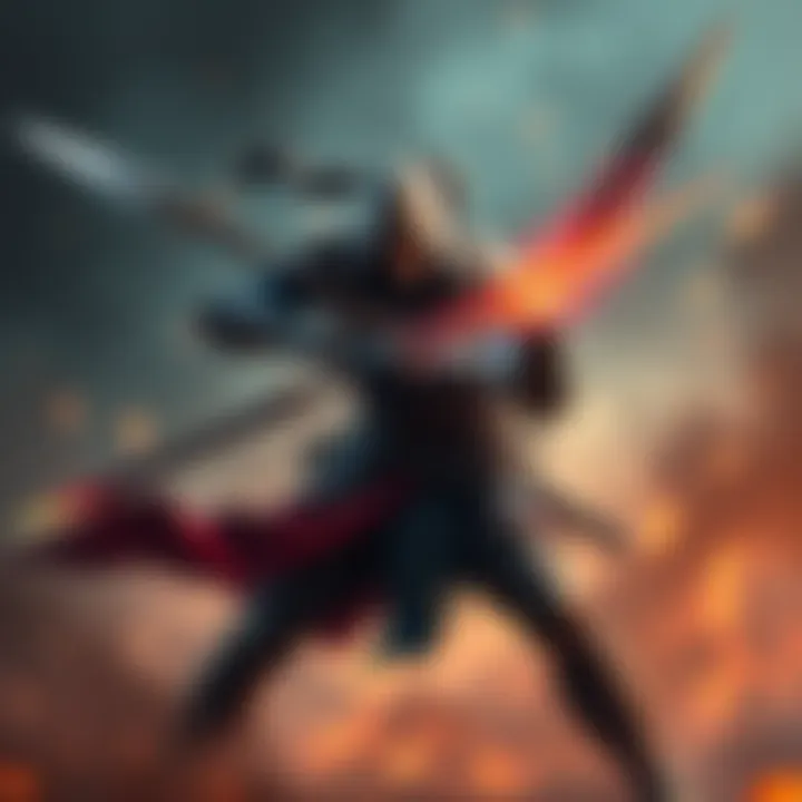 Warrior battling Maliketh with twin blades A warrior fights Maliketh using twin blades, showcasing high intelligence and strategy in combat.
