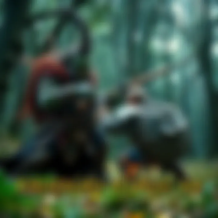 A fierce warrior engaged in combat with a large, menacing orc in a forest setting