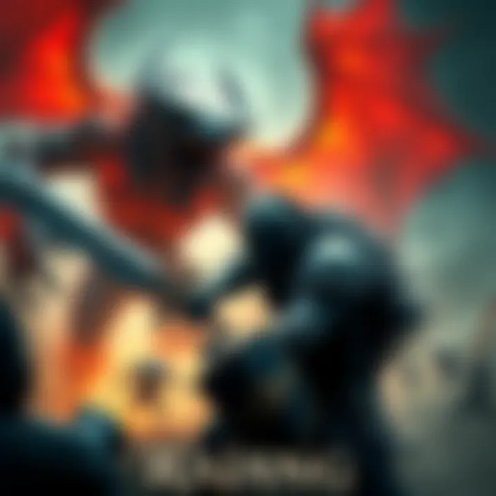 A fierce warrior with a sword and shield faces off against a powerful monster, Rajang, in an intense fight.