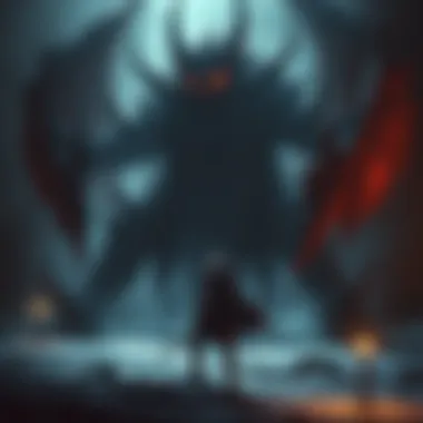 A warrior character with a sword confronting a large, daunting boss in a dimly lit, eerie setting, showcasing a challenging moment in a game.
