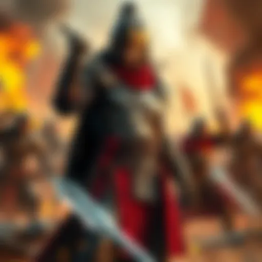 Warrior Character in Action A fictional warrior character standing confidently with a sword in hand, surrounded by a battle scene, illustrating the portrayal of warriors in media.