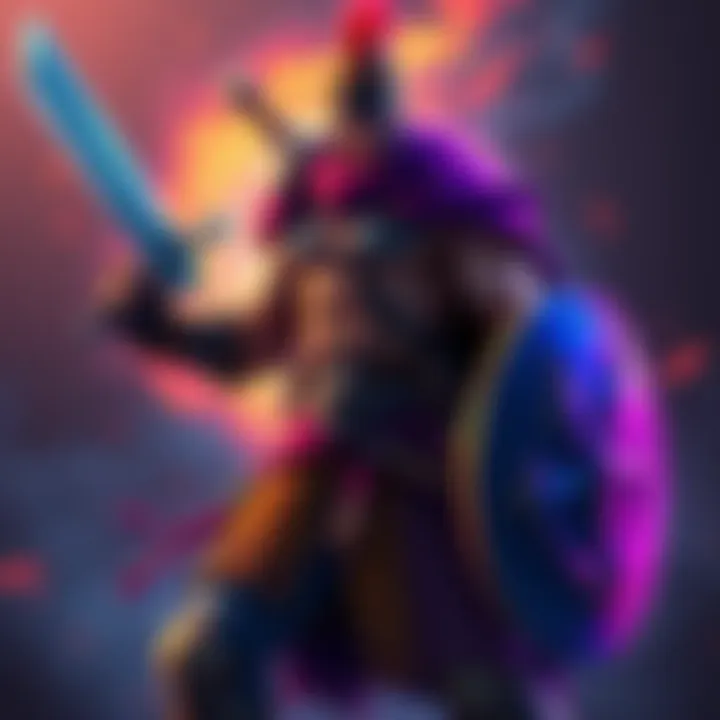 A powerful warrior character with strong muscles and agile posture, ready for battle, equipped with a sword and shield, set against a dynamic background