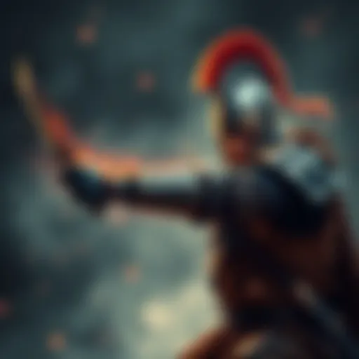 A warrior in armor throws a dagger with focus and precision, showcasing strength and technique.