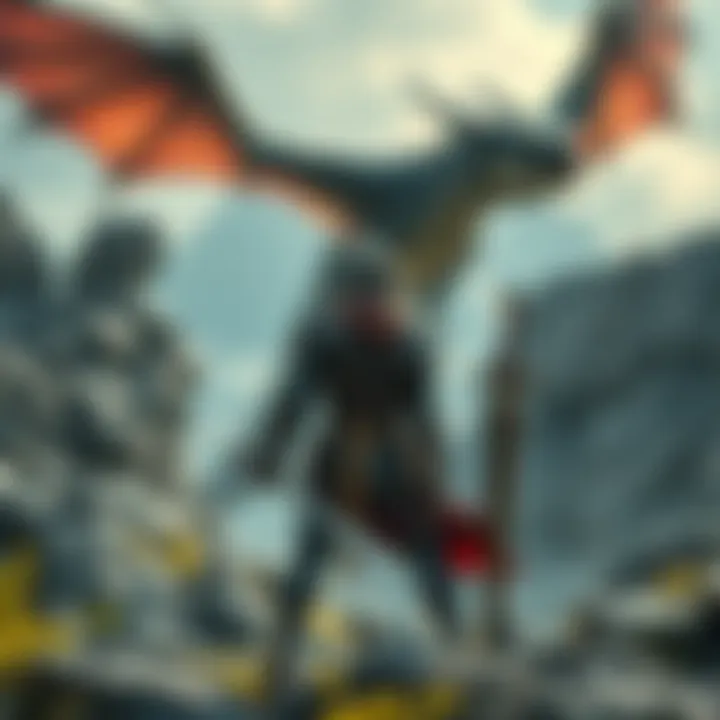 A warrior stands confidently, holding a sword, preparing to face an Ancient Dragon in a rocky landscape.
