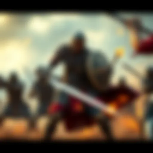 A lone warrior fights multiple foes while protecting a peasant in a dramatic standoff.