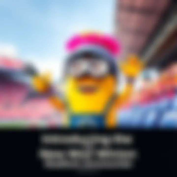 A colorful and lively character dressed in sports attire, cheering enthusiastically with a microphone in hand at a stadium.