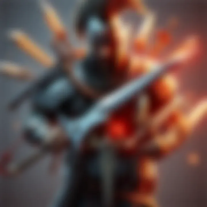 A game character representing a warrior holding various weapons. The warrior appears focused and ready for battle, with an array of weapons floating around them, symbolizing new strategies and gameplay options.