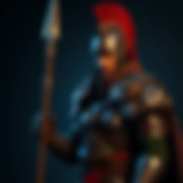 A warrior character equipped with a spear and armor, looking determined in the game Warrior of the East.