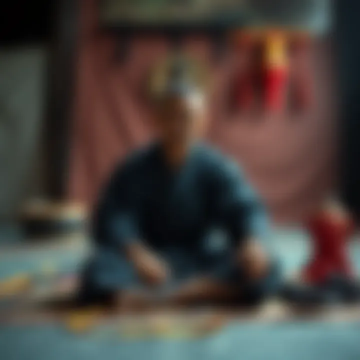 A person in traditional warrior training attire sits on a mat, expressing disappointment after training, surrounded by training equipment.