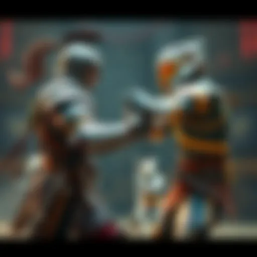 A Warrior character in traditional armor confronts a MK character with futuristic gear in an intense battle stance.