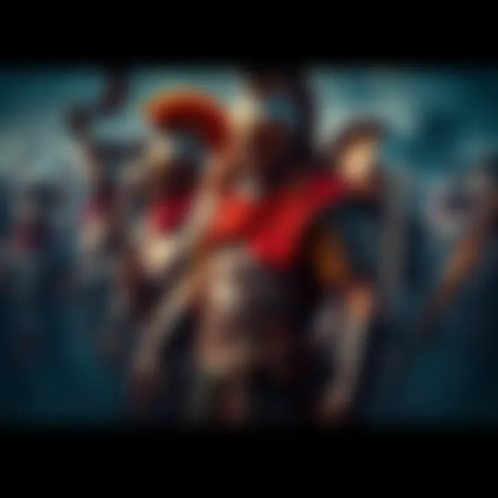 A group of warriors stands together, preparing for an epic clash, with determination on their faces and weapons drawn.