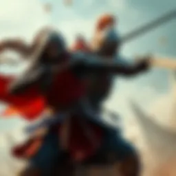 Two skilled warriors engaged in a fierce duel, showcasing their combat skills and strategies.