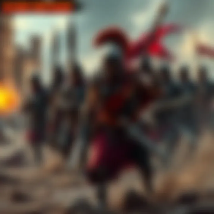 A group of warriors stands united, ready for battle, showcasing strength and determination against a backdrop of fading history.