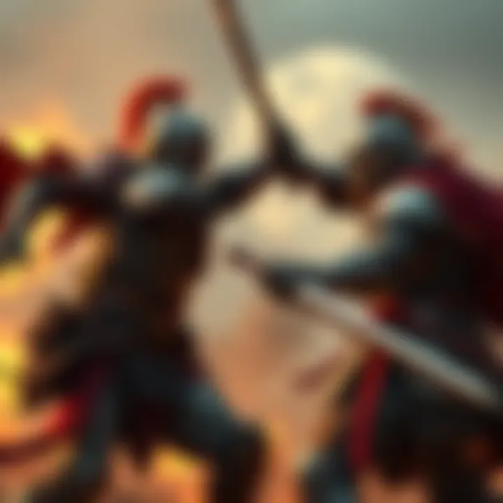 Two warriors in armor fighting in a PvP battle, showcasing tactical movements and strategic awareness.