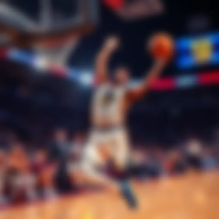 Basketball player Wash taking a unique shot during a game, captured in mid-air, with fans cheering in the background