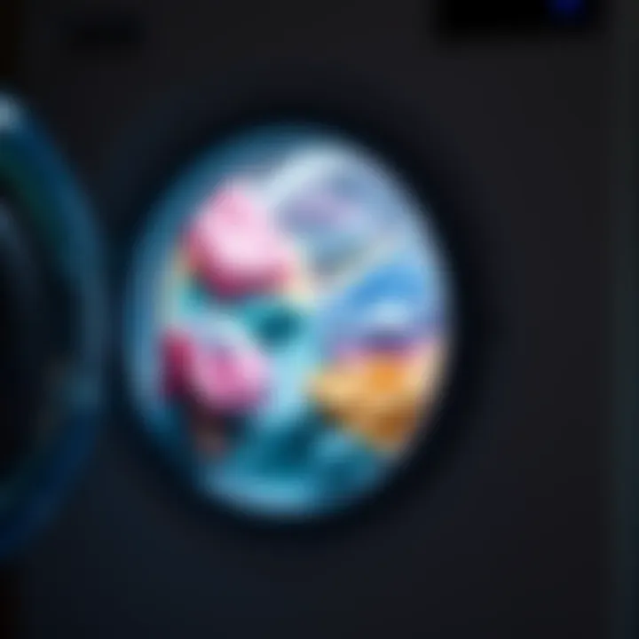 Washing machine with laundry A modern washing machine filled with colorful clothes ready for washing.