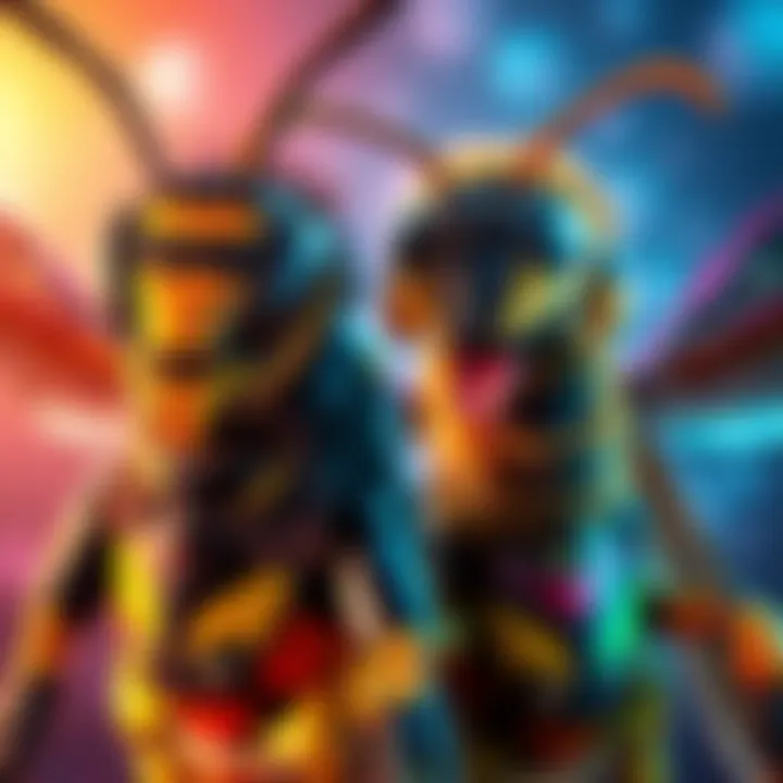Wasp and Hornet Characters Two characters inspired by wasps and hornets, showcasing their distinct features and colors, set against a vibrant backdrop