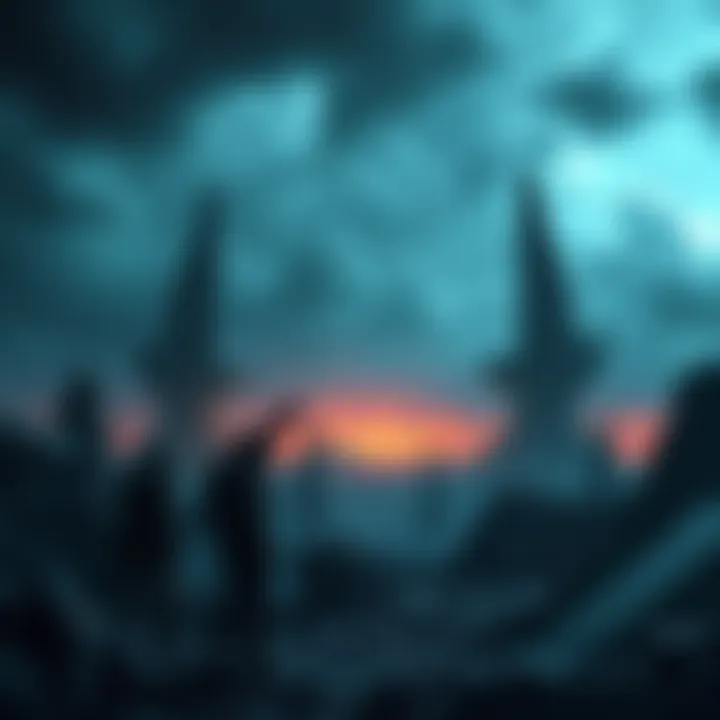 A scene showing the Wasteland and Ancestors in Halo lore with dark, ruined landscapes and ancient structures.