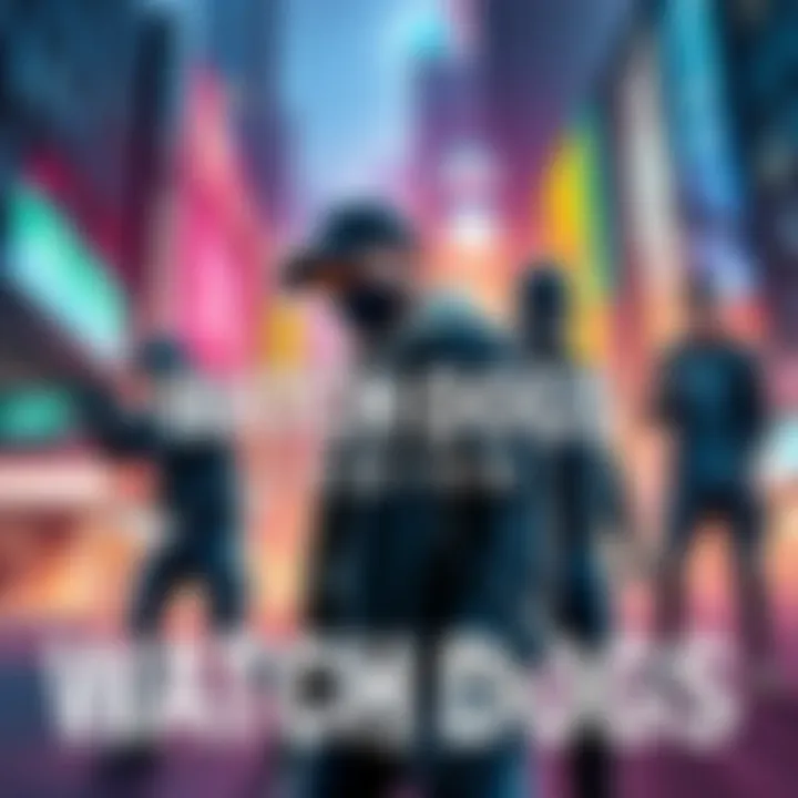 Artwork depicting characters from Watch Dogs Legion in an urban setting, highlighting technology and action themes.