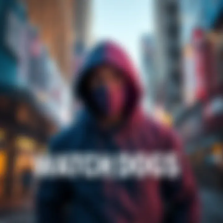 A character wearing a mask and hoodie standing in a city environment reflecting modern challenges, symbolizing societal issues in America.