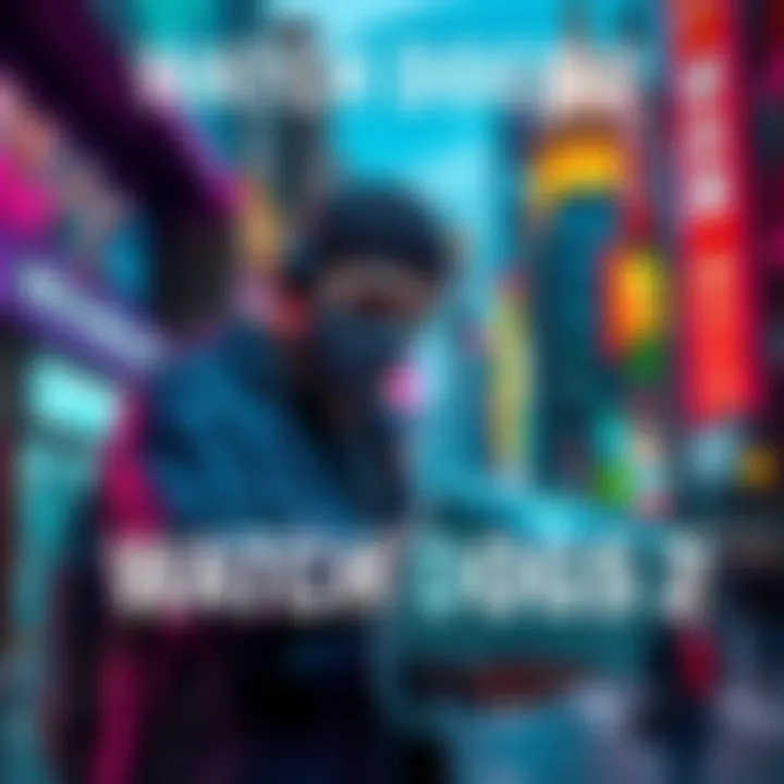 A character from Watch Dogs 2 hacking a device in a vibrant city setting