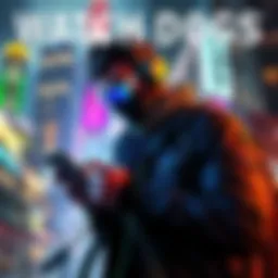 A character from Watchdogs: Legion using a smartphone in a city setting, showcasing the game's urban environment and technology features.