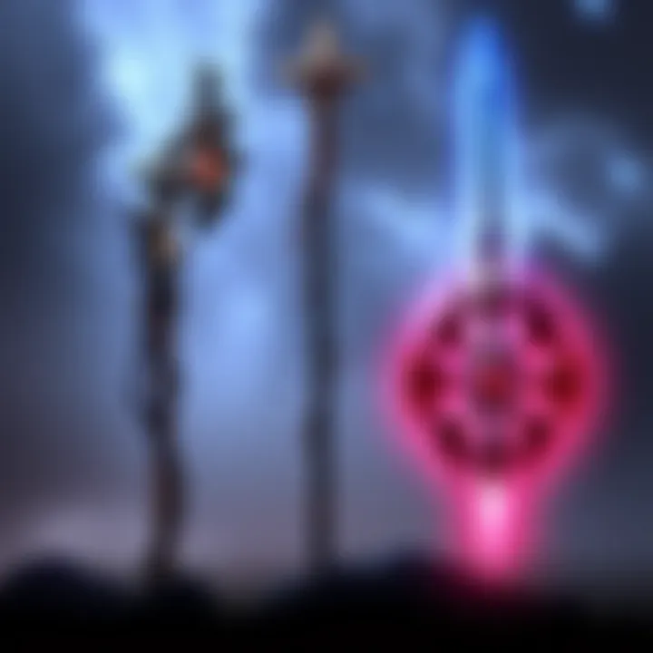 Comparison of Watchdog's Staff and Nightraider's Glaive Two fantasy weapons side by side, one a sturdy staff and the other a sleek glaive, representing their unique designs and strengths.