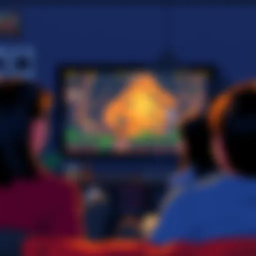 Watching Classic Adventure Games A group of people enjoying a full playthrough of an old point-and-click adventure game on a screen, showing characters and vibrant game scenes.