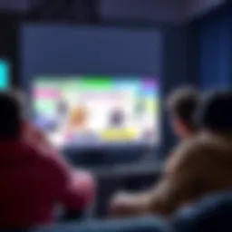 A group of friends excitedly watching a video game on a screen with one player making a significant move in the game.