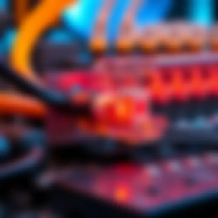 A close-up view of a connector with water cooling tubes attached, showcasing effective heat management in technology setups.