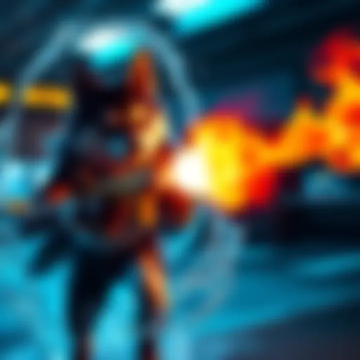 A gaming scene showing water and fire weapons targeting a Chrome Husky character in an action-packed setting.