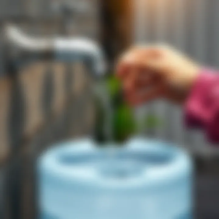 A person filling a large water container from a tap, ensuring a steady supply of water.