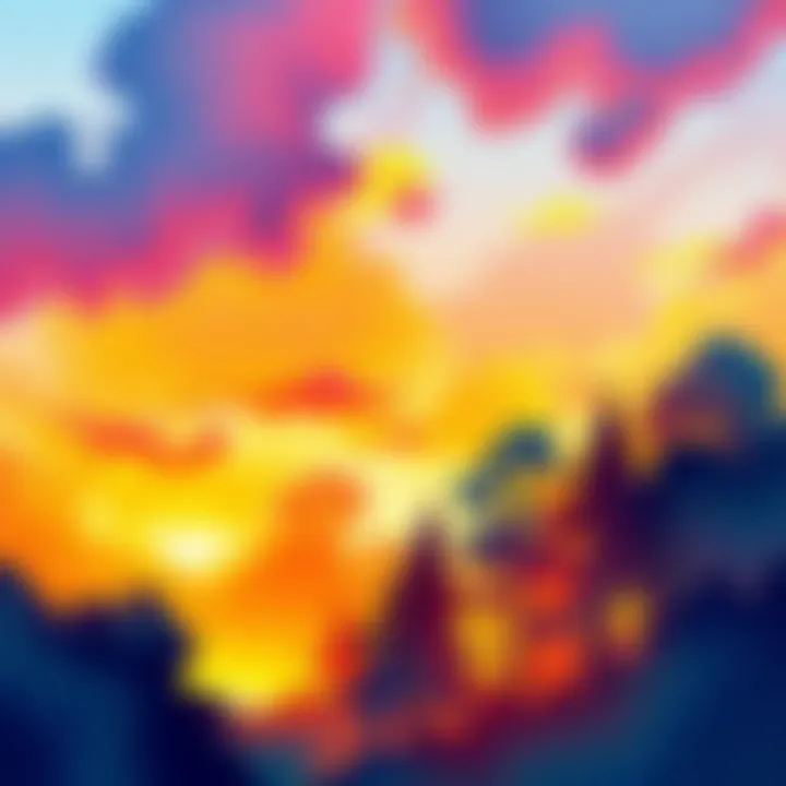 A watercolor painting showcasing vibrant colors and textures inspired by the visuals of Firewatch, featuring trees and a sunset sky.