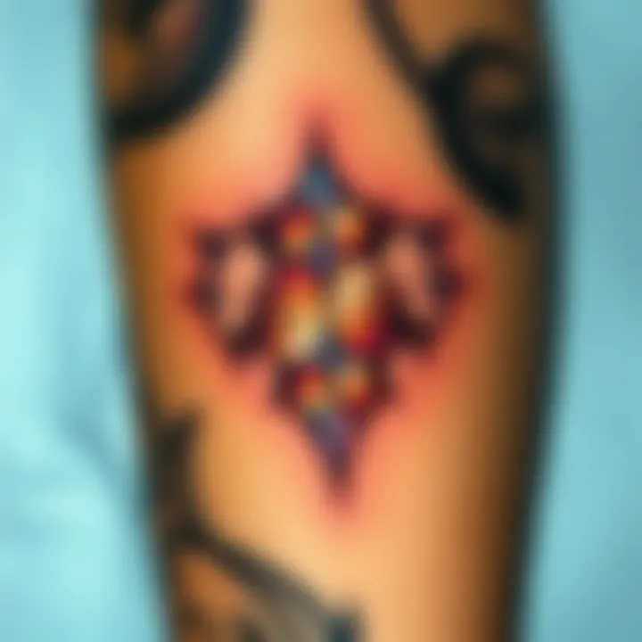 A close-up of a tattoo featuring a Wayfinder's ghost shell, symbolizing a parent's love for their late son, with soft colors and intricate details.