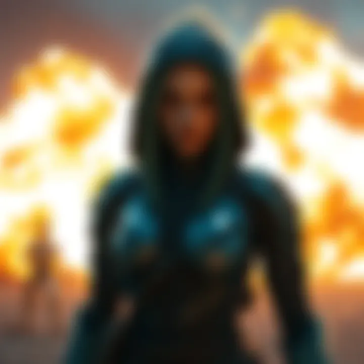 Waylay stands unaffected after a blinding explosion from a Yoruu clone, showcasing her calmness amid chaos.