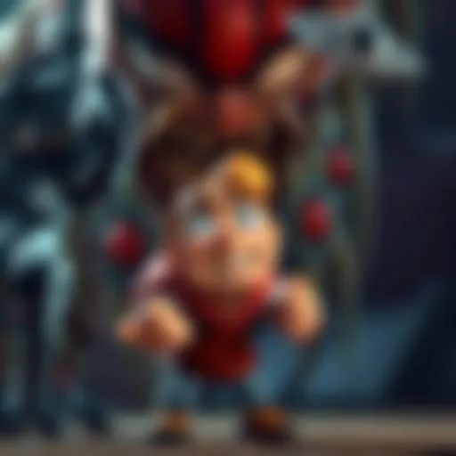 A cartoonish video game character looking fragile and nervous, sweating while facing a large, intimidating enemy, showcasing vulnerability and humor.