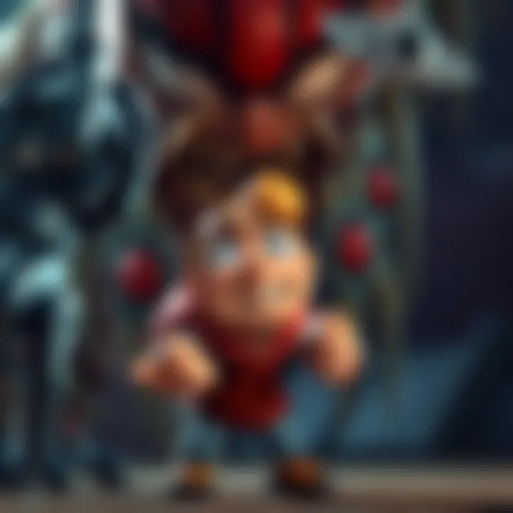 A cartoonish video game character looking fragile and nervous, sweating while facing a large, intimidating enemy, showcasing vulnerability and humor.