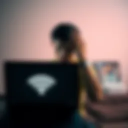 Weak Wi-Fi Signals Problem A person frustrated with a laptop showing a weak Wi-Fi signal icon and a router in the background.