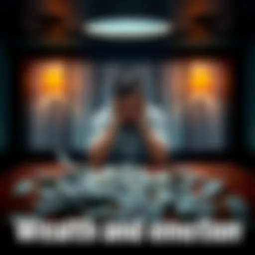 A person sitting alone at a table with money scattered around, looking contemplative and thoughtful about their wealth.