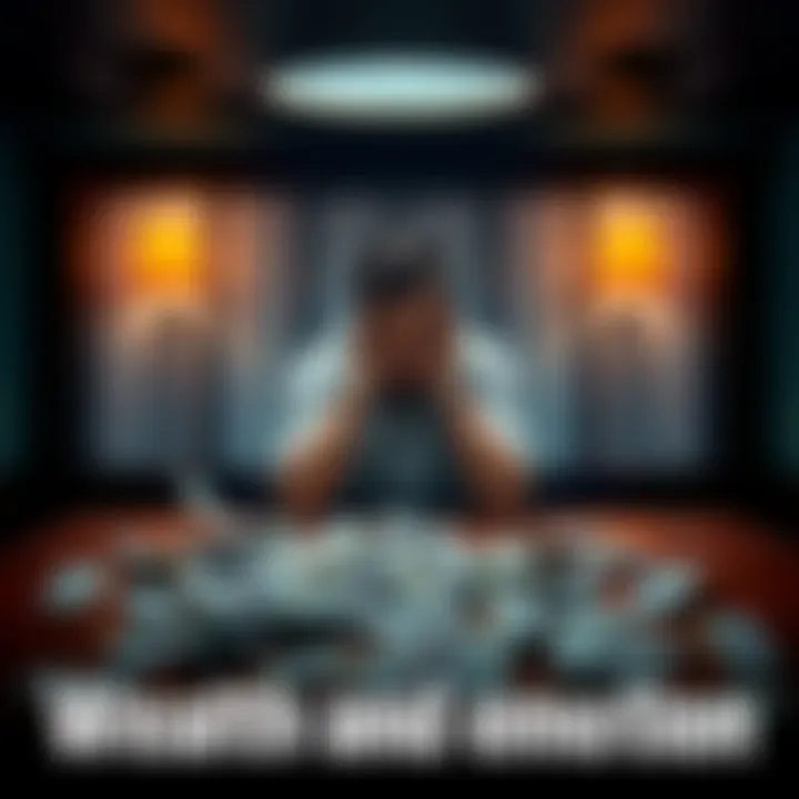 A person sitting alone at a table with money scattered around, looking contemplative and thoughtful about their wealth.