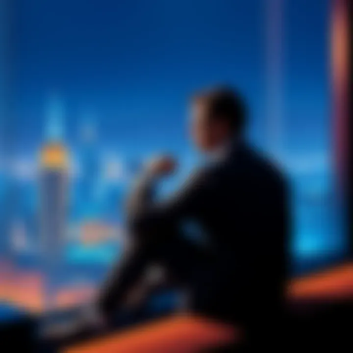 A thoughtful man sitting by a luxurious window, looking out at a city skyline, pondering life beyond wealth.