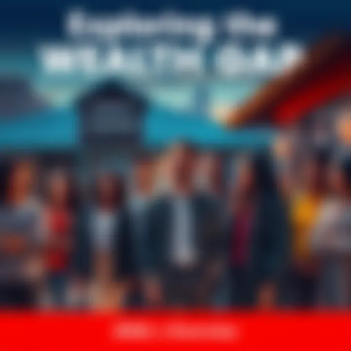 People Affected by Wealth Gap A diverse group of people standing outside a community center, looking concerned about economic disparities, with a city backdrop.